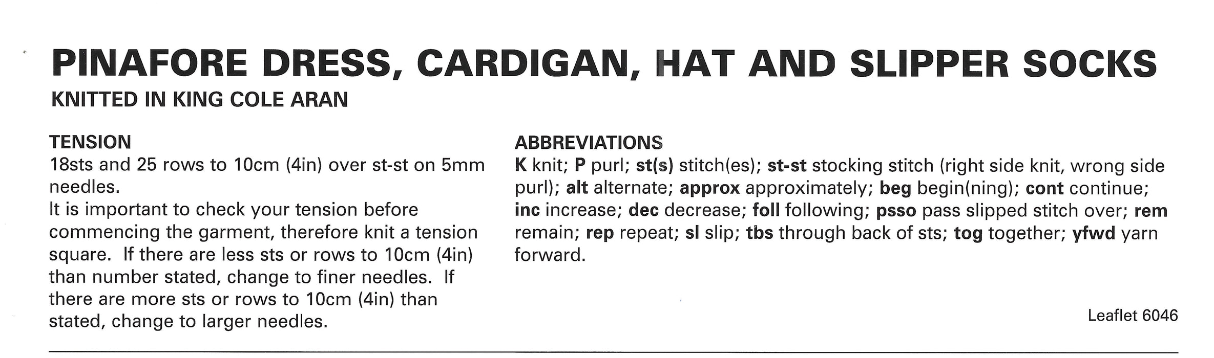 King Cole 6046 Aran Baby Knitting Pattern - Pinafore Dress, Cardigan, Hat and Slipper Socks (3 mnths - 3 Yrs)