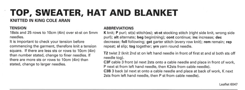 King Cole 6047 Aran Baby Knitting Pattern - Top, Sweater, Hat and Blanket (3 mnths - 3 Yrs)