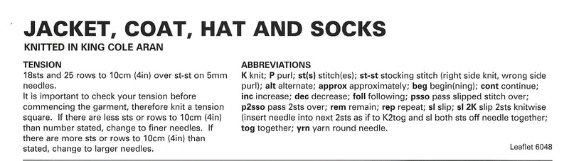 King Cole 6048 Aran Baby Knitting Pattern - Jacket, Coat, Hat, & Socks (3 mnths - 4 Yrs)