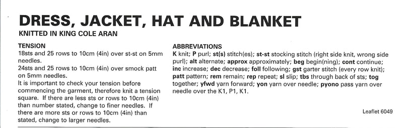 King Cole 6049 Aran Baby Knitting Pattern - Dress, Jacket, Hat, & Blanket (3 mnths - 4 Yrs)