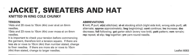 King Cole 6083 Chunky Knitting Pattern - Jacket, Sweaters & Hat for Children (6mnths to 4 years)