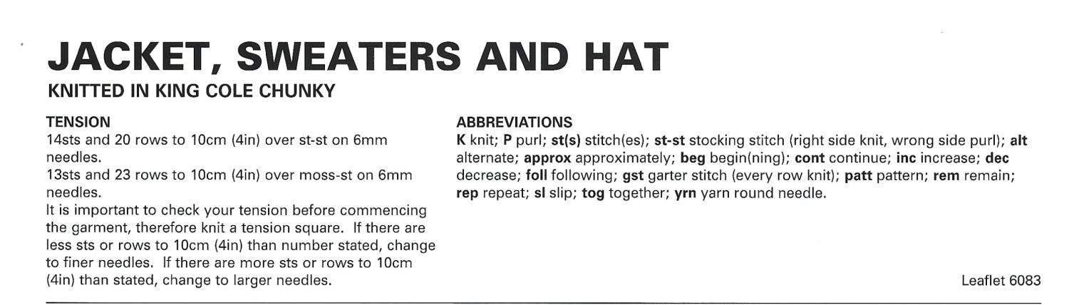 King Cole 6083 Chunky Knitting Pattern - Jacket, Sweaters & Hat for Children (6mnths to 4 years)
