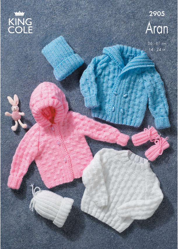 King Cole 2905 Aran Baby Knitting Pattern - Sweater, Jacket, Hat & Mitts (0 - 3 yrs)