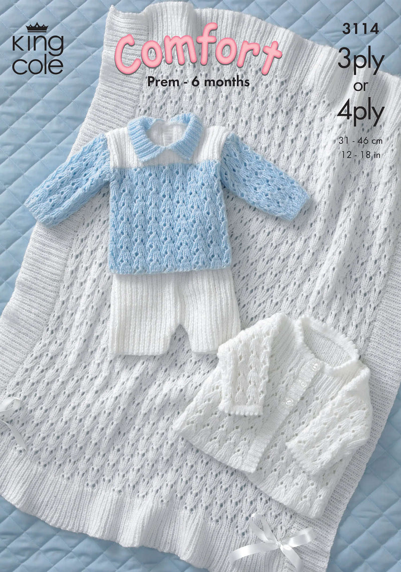 King Cole 3114 Baby Knitting Pattern - 3Ply or 4Ply Jacket, Shawl, Sweater & Shorts (Prem - 6mnths)