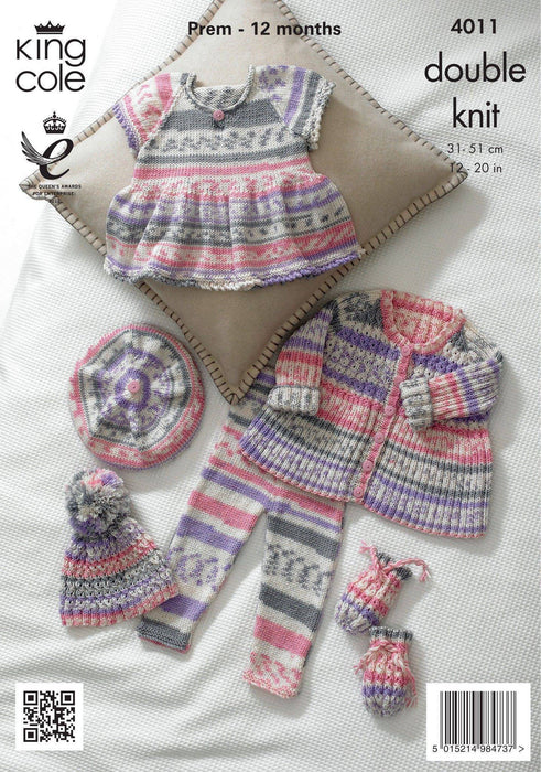 King Cole 4011 Double Knitting Pattern - Baby Top, Cardigan, Leggings, Hat, Beret, Mittens (Prem to 12mnths)