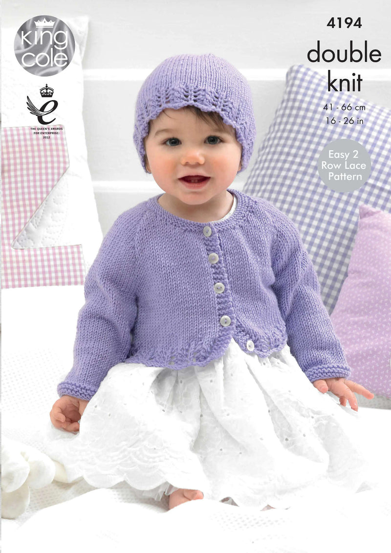 King Cole 4194 DK Knitting Pattern - Baby Cardigans & Hat - Easy Lace (16-26in)