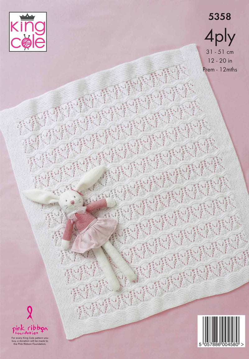 King Cole 5358 4Ply Knitting Pattern - Baby Matinee Coat, Cardigan, Dress, Hat, Bonnet & Blanket (Prem to 12 mnths)