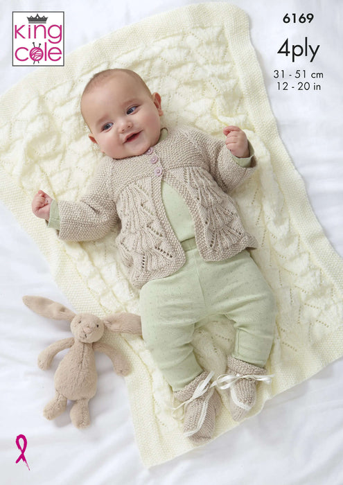 King Cole 6169 4Ply Knitting Pattern - Baby Blanket, Matinee Jacket, Sweater, Bootees & Hat (Prem to 1 yr)