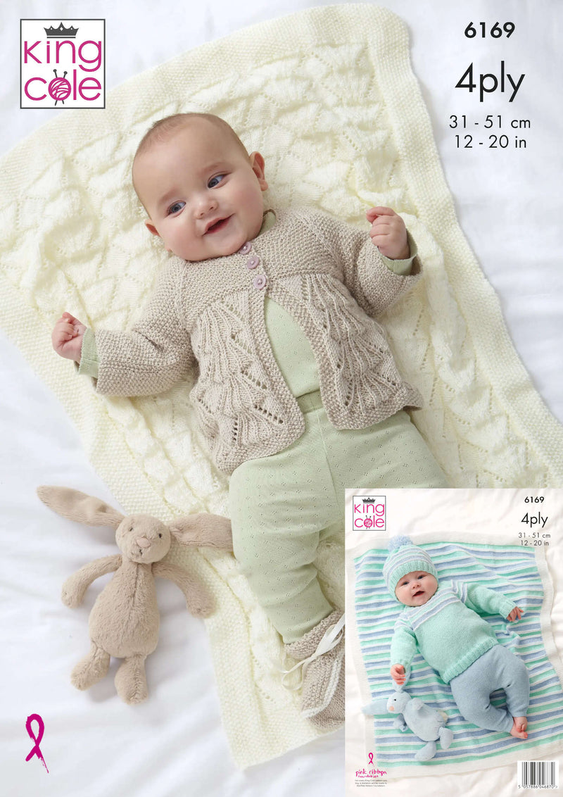 King Cole 6169 4Ply Knitting Pattern - Baby Blanket, Matinee Jacket, Sweater, Bootees & Hat (Prem to 1 yr)
