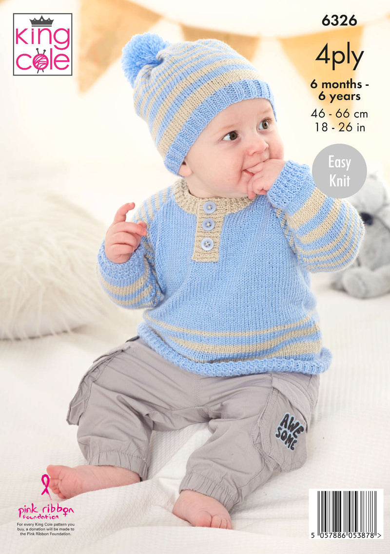 King Cole 6326 4ply Knitting Pattern - Baby / Children's Sweater, Cardigan & Hat (6mnths - 6yrs)
