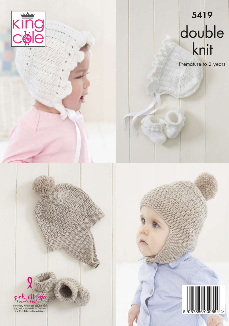 King Cole 5419 Baby DK Knitting Pattern for Hat & Bootee Sets (Prem to 2 years)