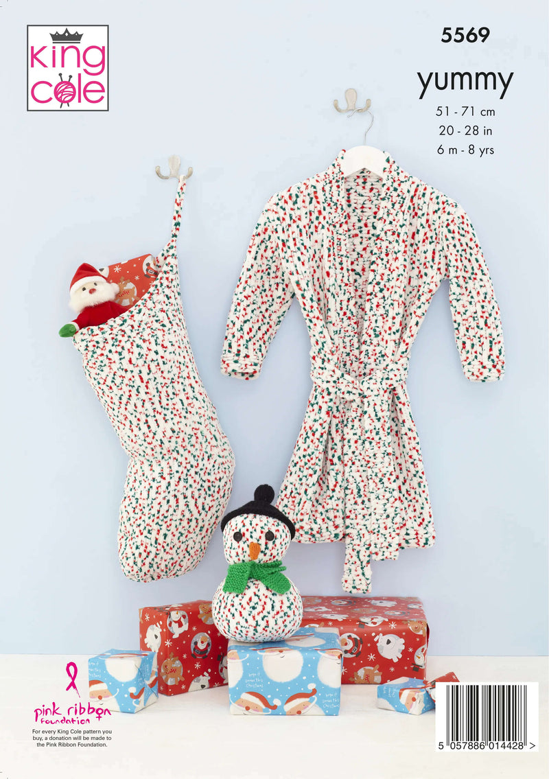 King Cole 5569 Children's Knitting Pattern - Dressing Gown, Snowman & Stocking (6mnths - 8Yrs)