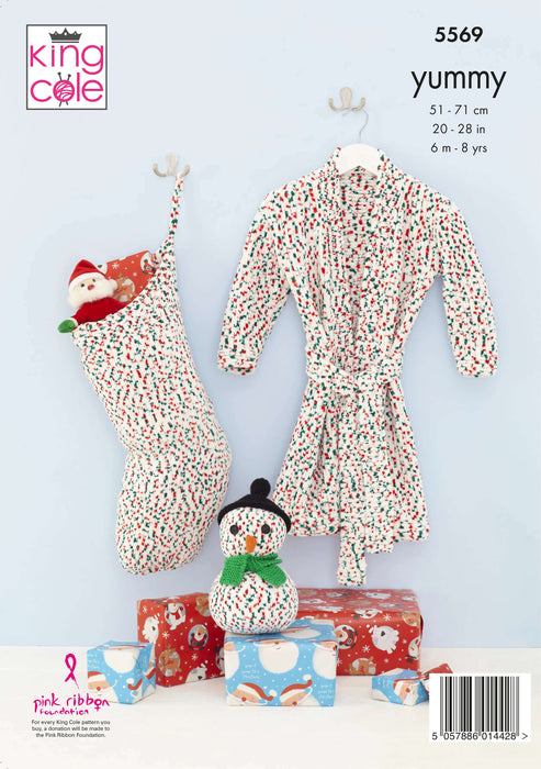 King Cole 5569 Children's Knitting Pattern - Dressing Gown, Snowman & Stocking (6mnths - 8Yrs)