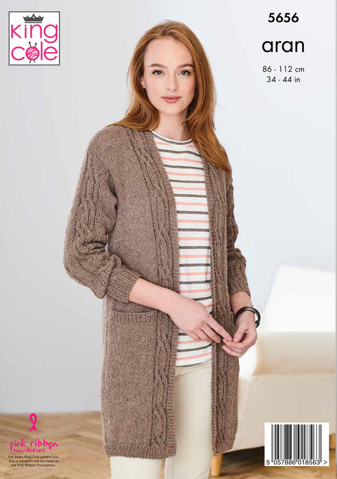 King Cole 5656 Aran Knitting Pattern - Ladies Jacket & Waistcoat (34-44in)