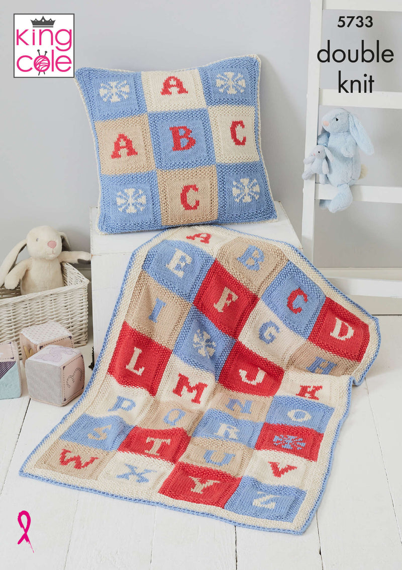 King Cole 5733 Double Knitting Pattern - Alphabet Blanket & Cushion Cover