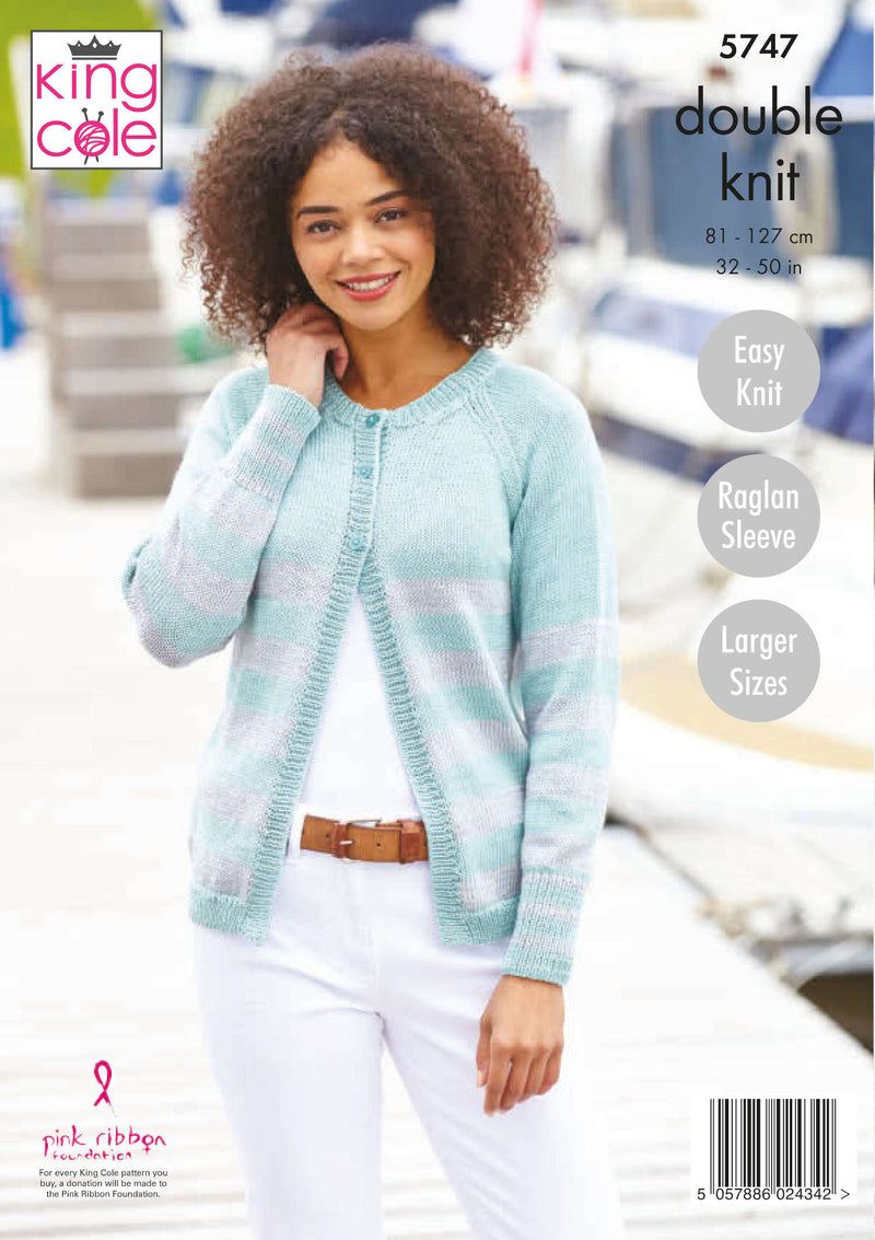 King Cole 5747 Ladies Knitting Pattern - Cotton DK Sweater & Cardigan (32-50)
