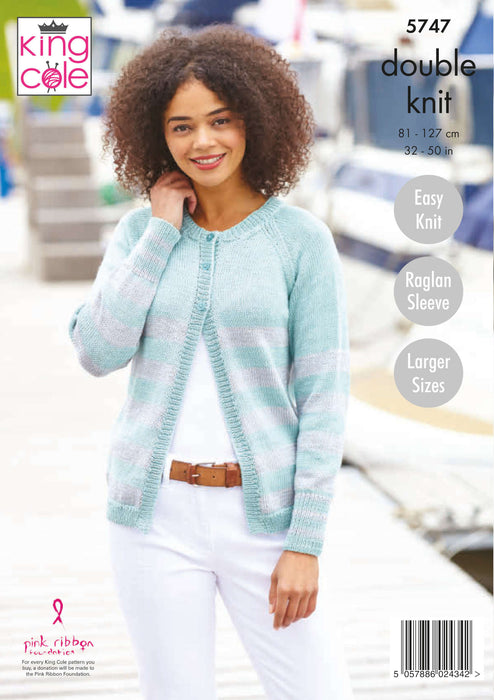 King Cole 5747 Double Knitting Pattern - Cotton DK Sweater & Cardigan for Ladies