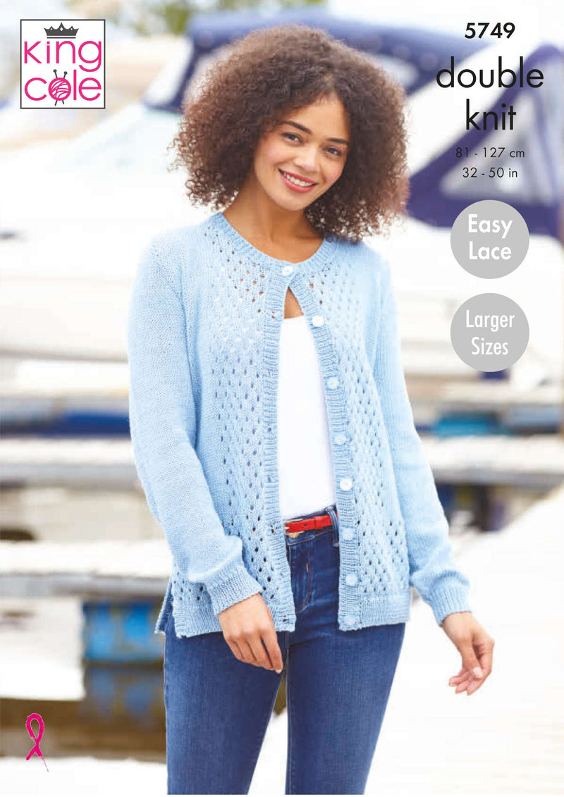 King Cole 5749 Ladies Knitting Pattern - Cotton DK Cardigan & Sweater (32-50in)