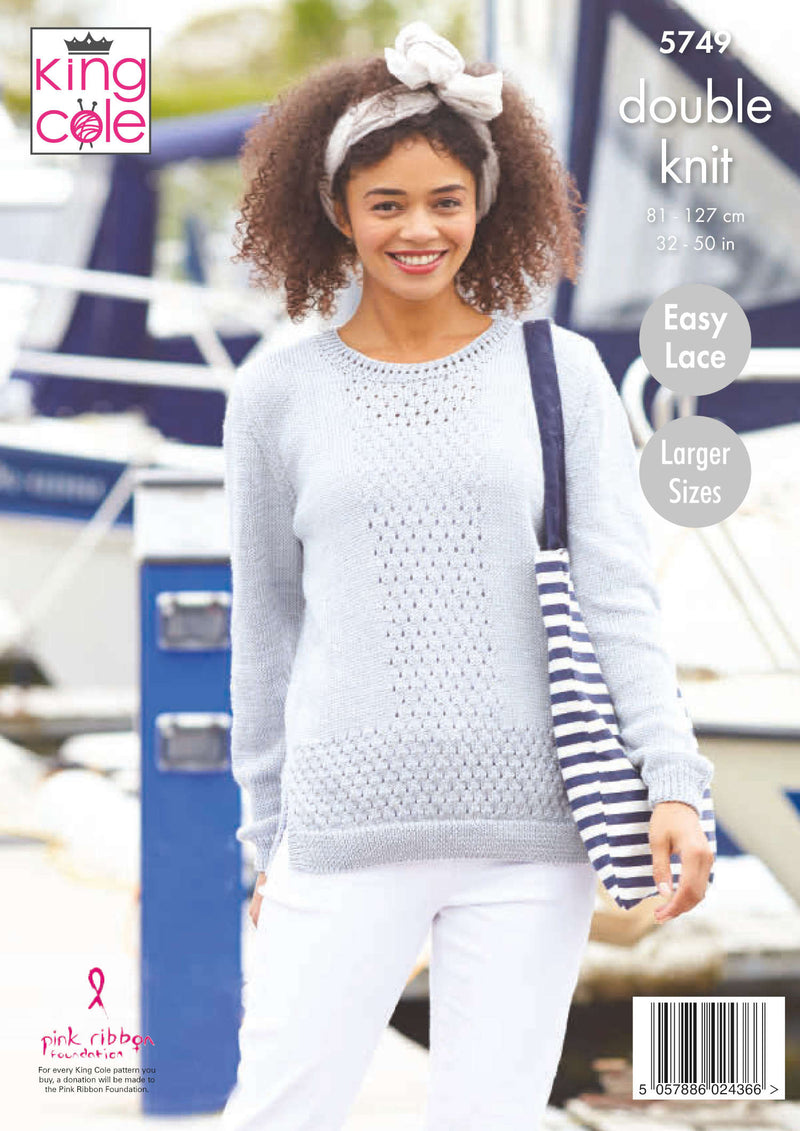 King Cole 5749 Ladies Knitting Pattern - Cotton DK Cardigan & Sweater (32-50in)