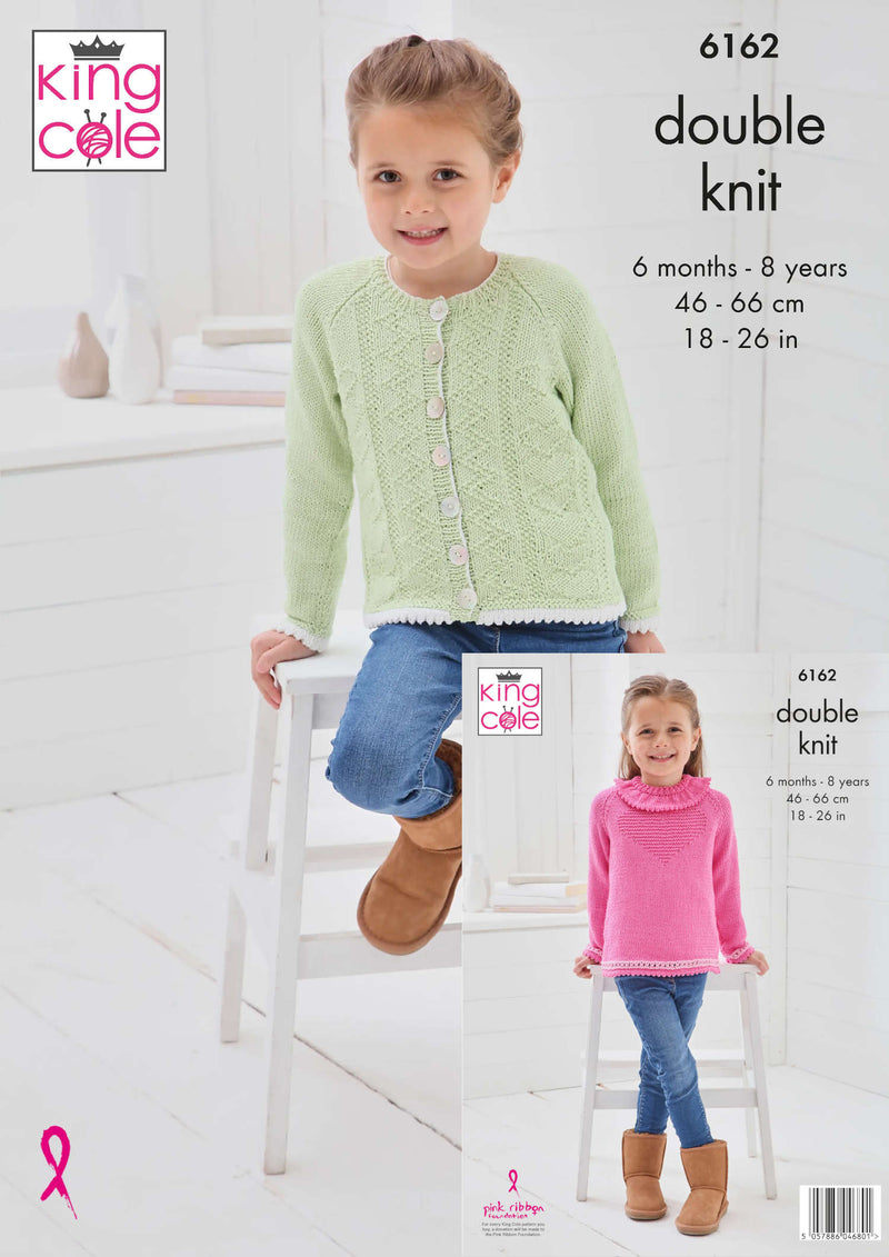 Cover of King Cole 6162 knitting pattern showing a cardigan and sweater for children, with a young model wearing the knitted cardigan.