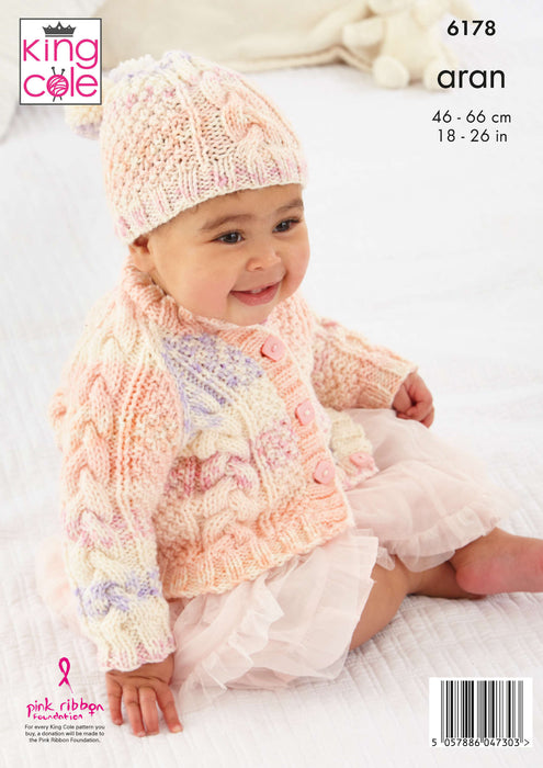 King Cole 6178 Aran Knitting Pattern - Cardigans & Hat (6 mnths - 7 Yrs)