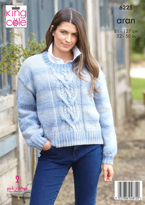 King Cole 6225 Aran Knitting Pattern - Ladies Sweaters (32-50in)