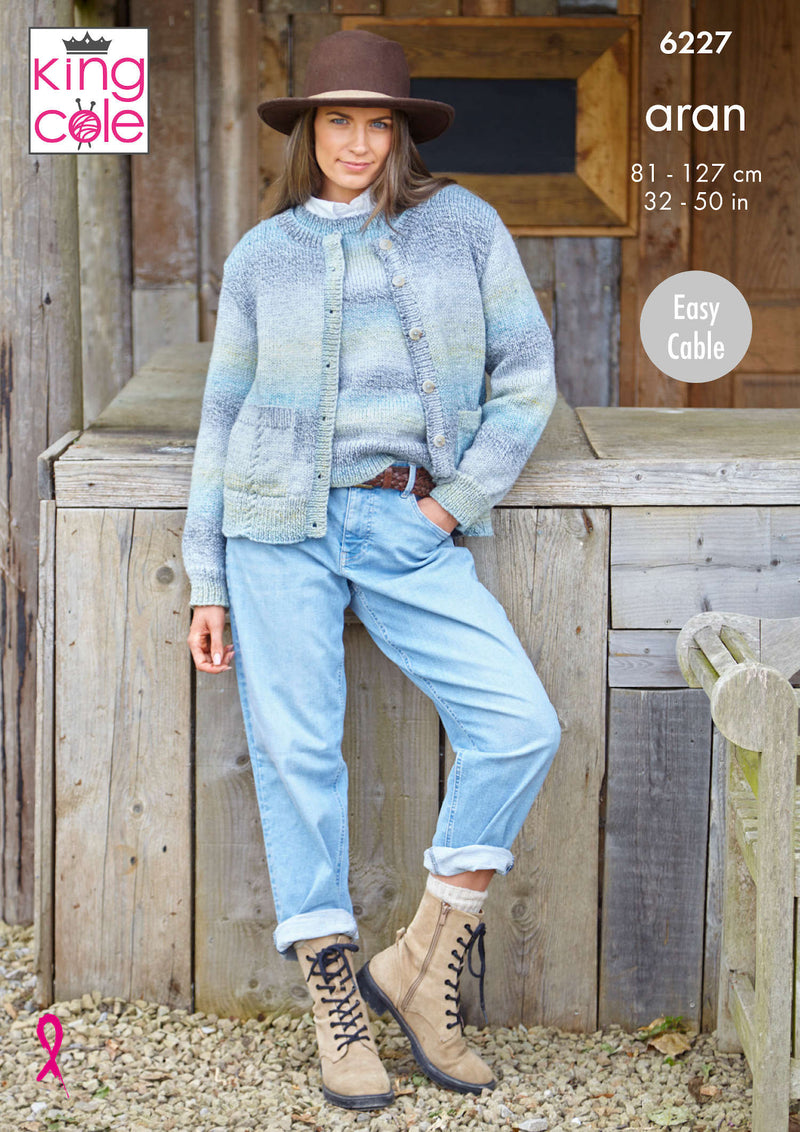 King Cole 6227 Aran Knitting Pattern - Ladies Cardigan & Vest (32-50in)