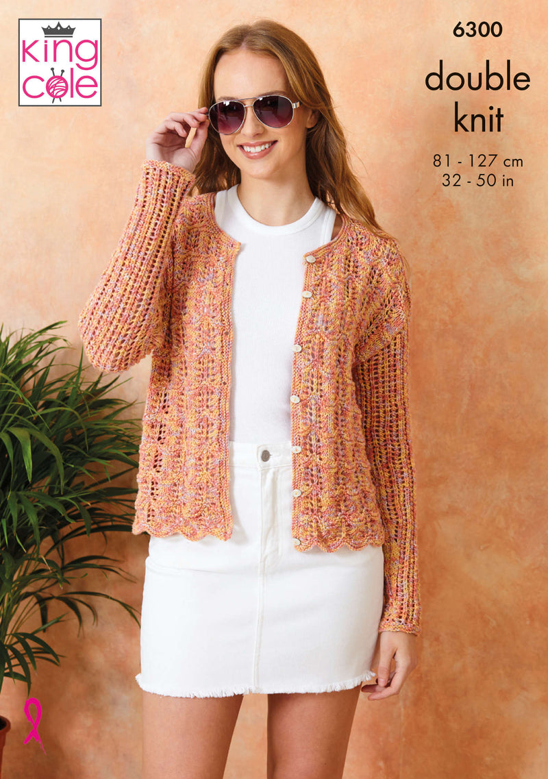 King Cole 6300 Double Knitting Pattern - Ladies Cotton DK Cardigans (32-50in)
