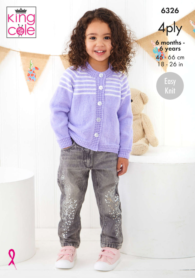 King Cole 6326 4ply Knitting Pattern - Baby / Children's Sweater, Cardigan & Hat (6mnths - 6yrs)