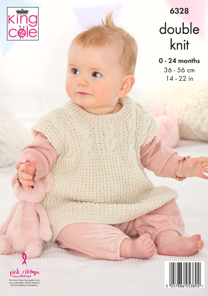 King Cole 6328 Double Knitting Pattern - Baby Sweater, Sleeveless Top & Hat (0-2yrs)