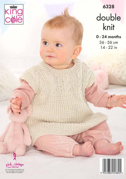 King Cole 6328 Double Knitting Pattern - Baby Sweater, Sleeveless Top & Hat (0-2yrs)