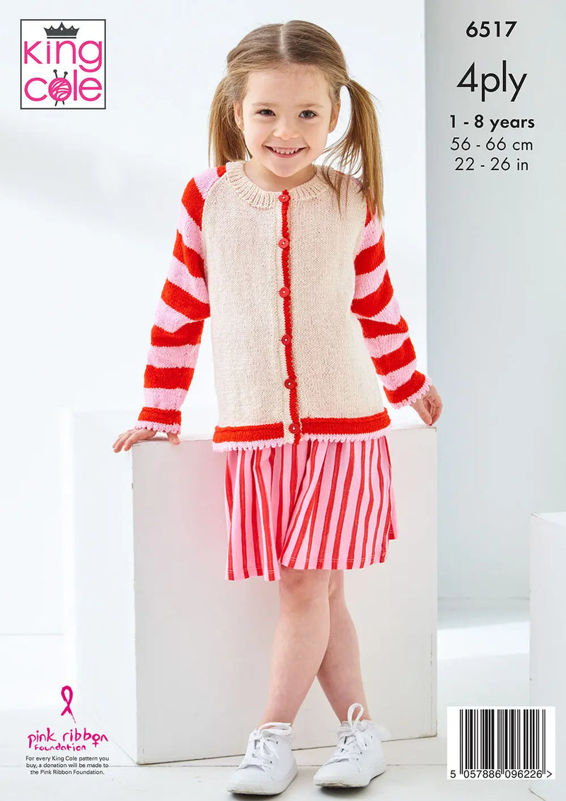 King Cole 6517 Knitting Pattern – Children's Sweater & Cardigan in 4 Ply (22-26in)