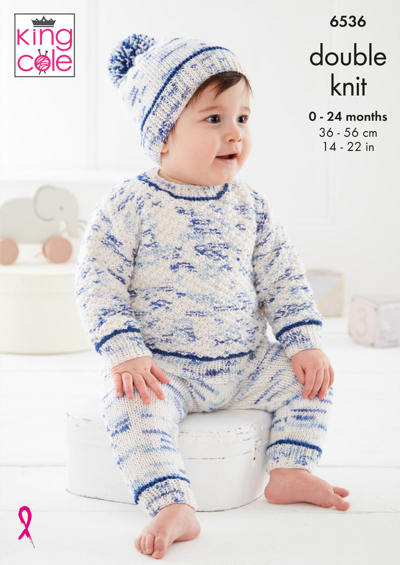 King Cole 6536 Baby Onesie, Sweater, Waistcoat, Hat & Trousers DK Knitting Pattern (0–24 Months)
