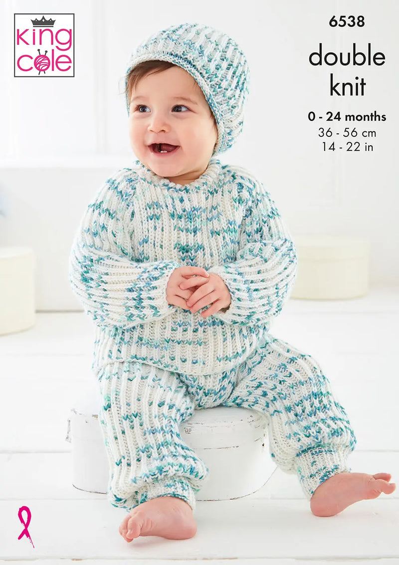 King Cole 6538 Baby Sweater, Sweater Vest, Onesie, Trousers & Hat DK Knitting Pattern (0–24 Months)