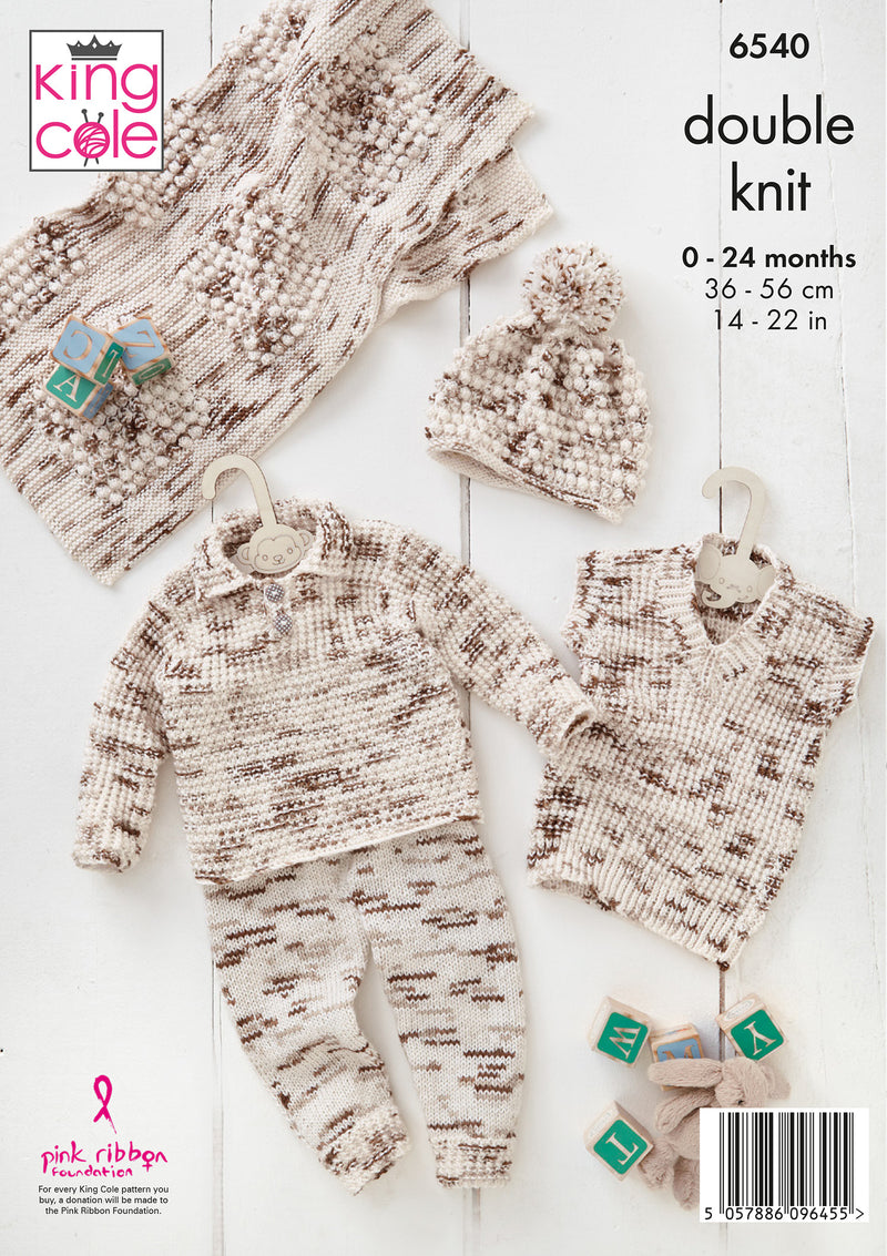 King Cole 6540 DK Knitting Pattern - Baby Polo Shirt, Sweater, Sweater Vest, Trousers, Hat & Blanket  (0–24 Months)