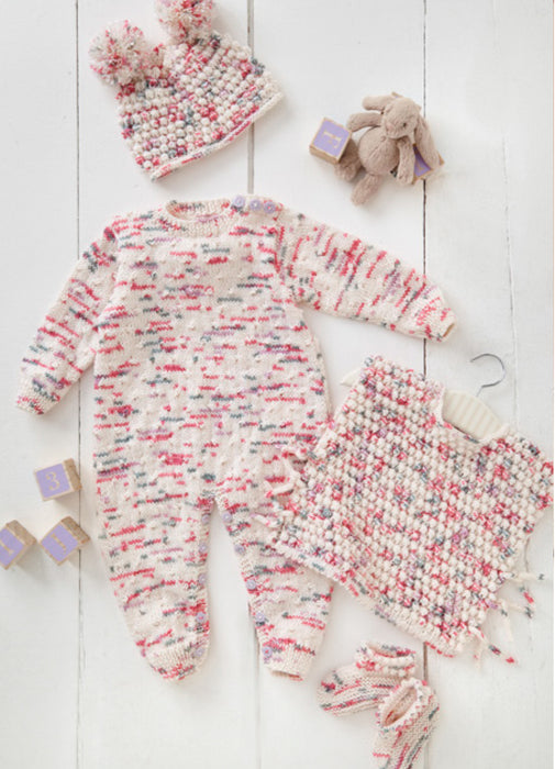 King Cole 6541 Baby Onesie, Cardigan, Tabard, Shorts, Hat & Bootees DK Knitting Pattern (0–24 Months)