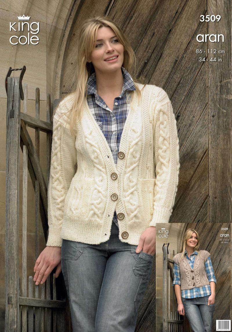 King Cole 3509 Aran Knitting Pattern - Ladies Cardigan & Gilet (34-44in)