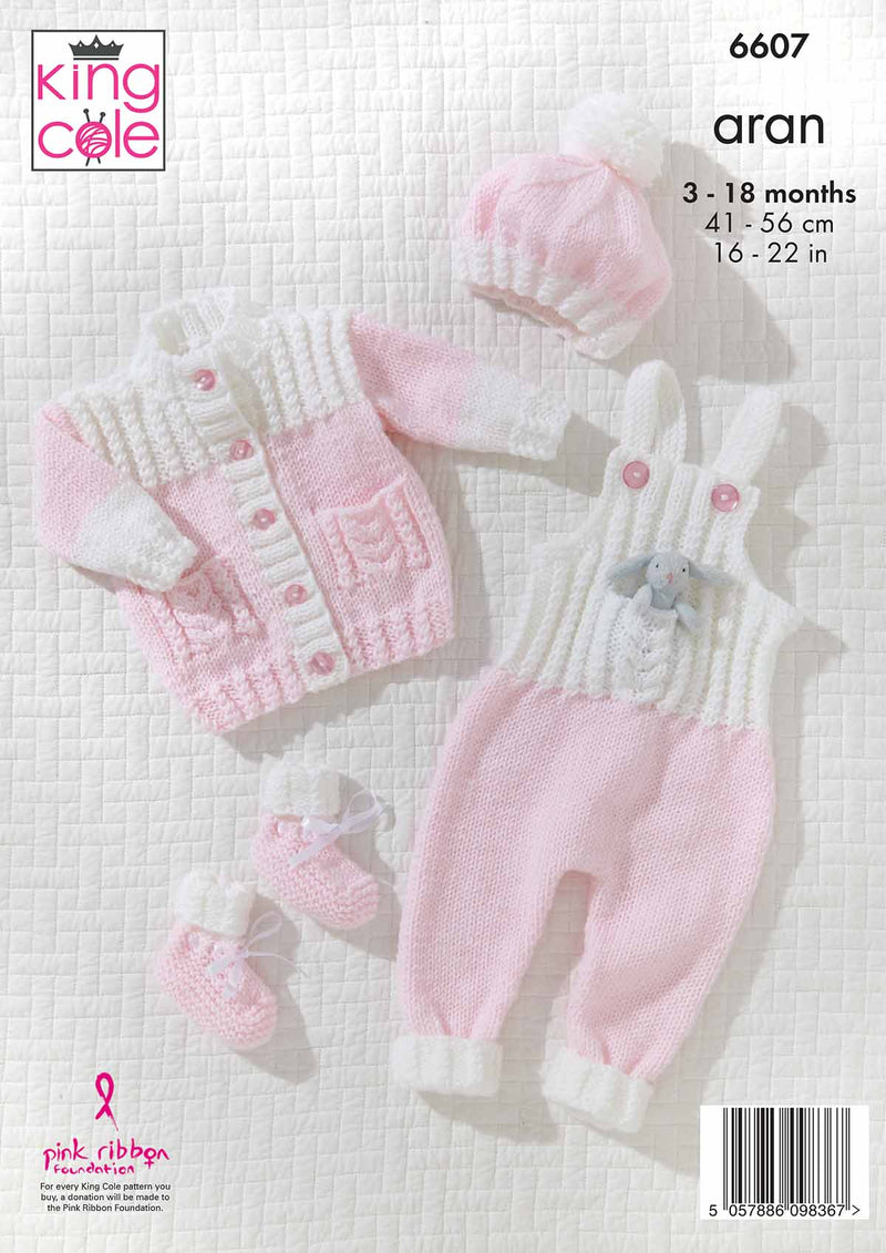 King Cole 6607 – Baby Cardigan, Dungarees, Hat & Bootees Aran Knitting Pattern (16-22in)