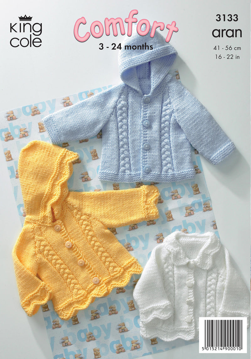 King Cole 3133 Aran Knitting Pattern Baby Jackets with Hood or Collar (16-22in)