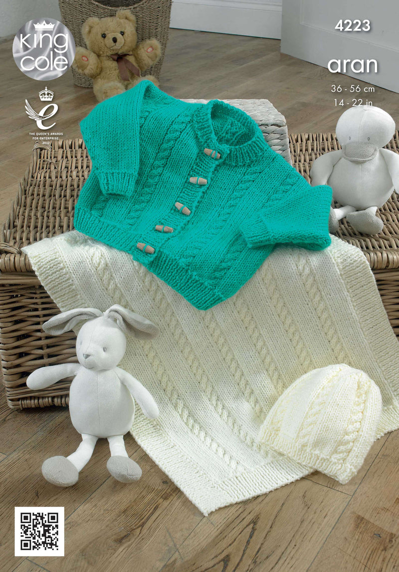 King Cole 4223 Aran Knitting Pattern - Baby Cardigan, Hat & Blanket (14-22 in)