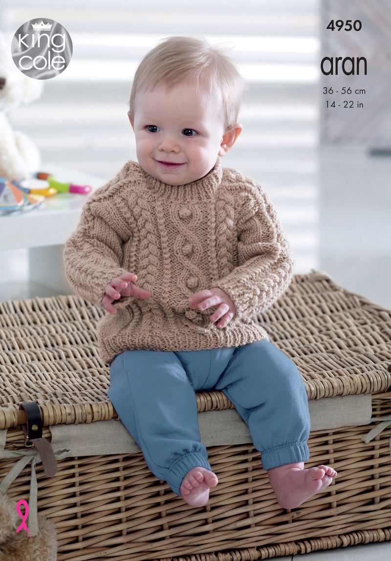 King Cole 4950 Baby Sweater, Dress & Cardigan Aran Knitting Pattern (14-22in)