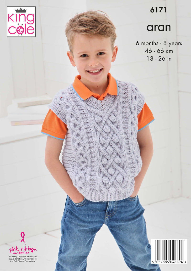 King Cole 6171 Aran Knitting Pattern - Sweater & Sweater Vest for Babies & Children (6mnths-8yrs)
