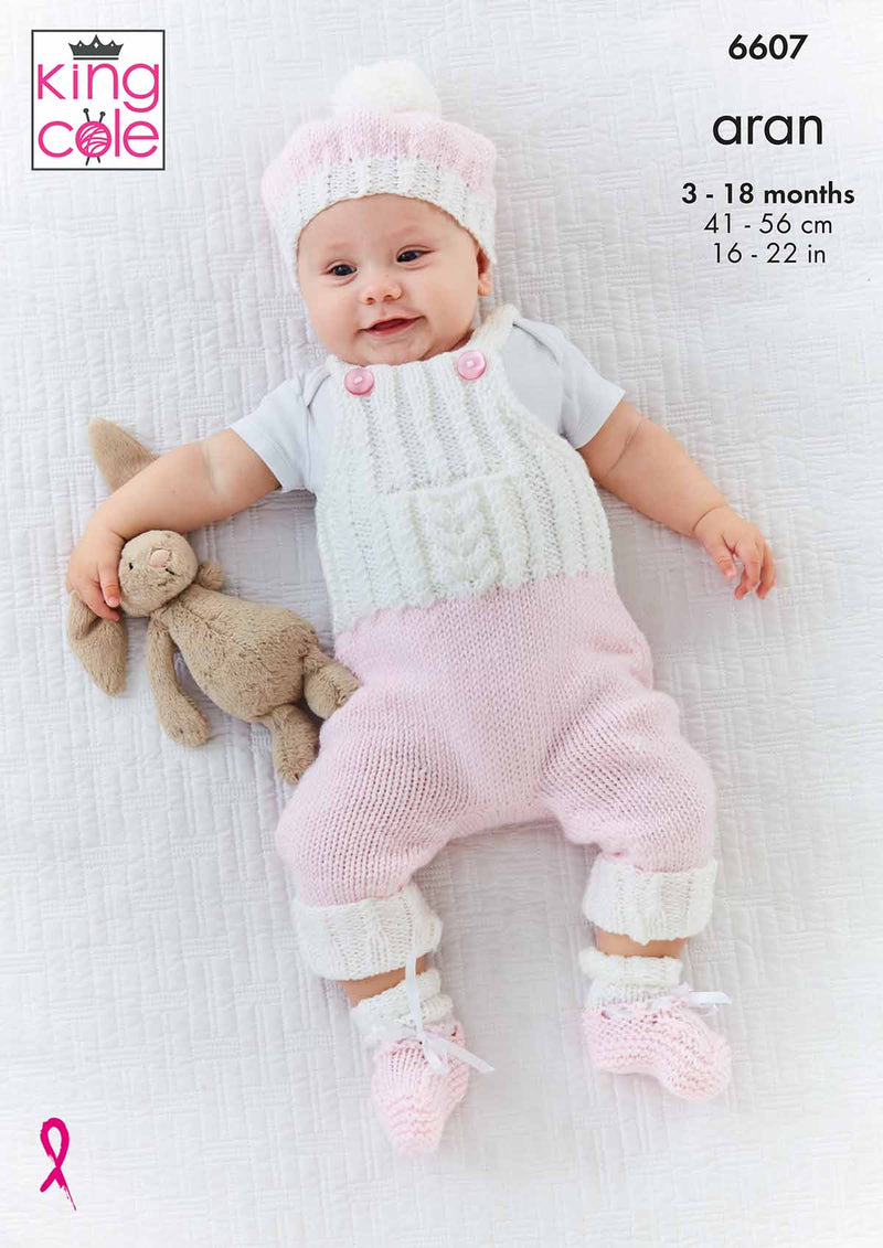 King Cole 6607 – Baby Cardigan, Dungarees, Hat & Bootees Aran Knitting Pattern (16-22in)