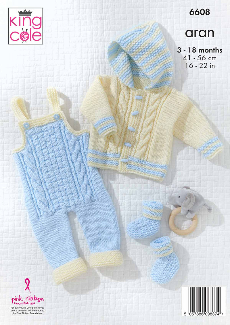 King Cole 6608 Baby Hooded Jacket, Dungarees, Hat & Booties Aran Knitting Pattern (16-22in)