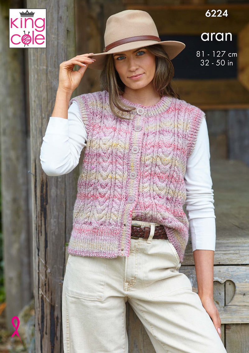 King Cole 6224 Aran Knitting Pattern - Ladies Waistcoats (32-50in)