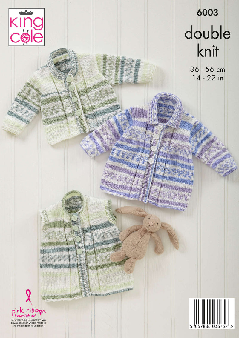 King Cole 6003 DK Baby Knitting Pattern - Jacket, Waistcoat & Cardigan (14-22 in)
