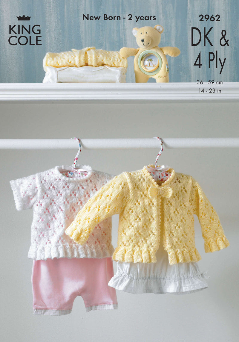 King Cole 2962 Knitting Pattern - Baby DK or 4Ply Cardigan & Top (0 to 18mnths)