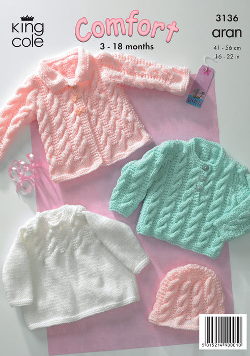 King Cole 3136 Aran Baby Knitting Pattern - Coat, Dress, Sweater & Hat (3-18mnths)