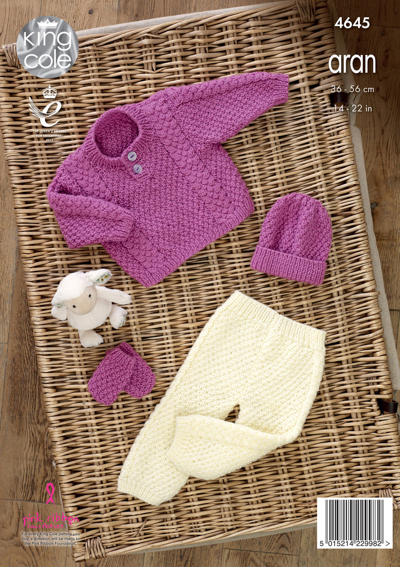 King Cole 4645 Baby Sweater, Trousers, Hat & Mittens Aran Knitting Pattern (14-22in)
