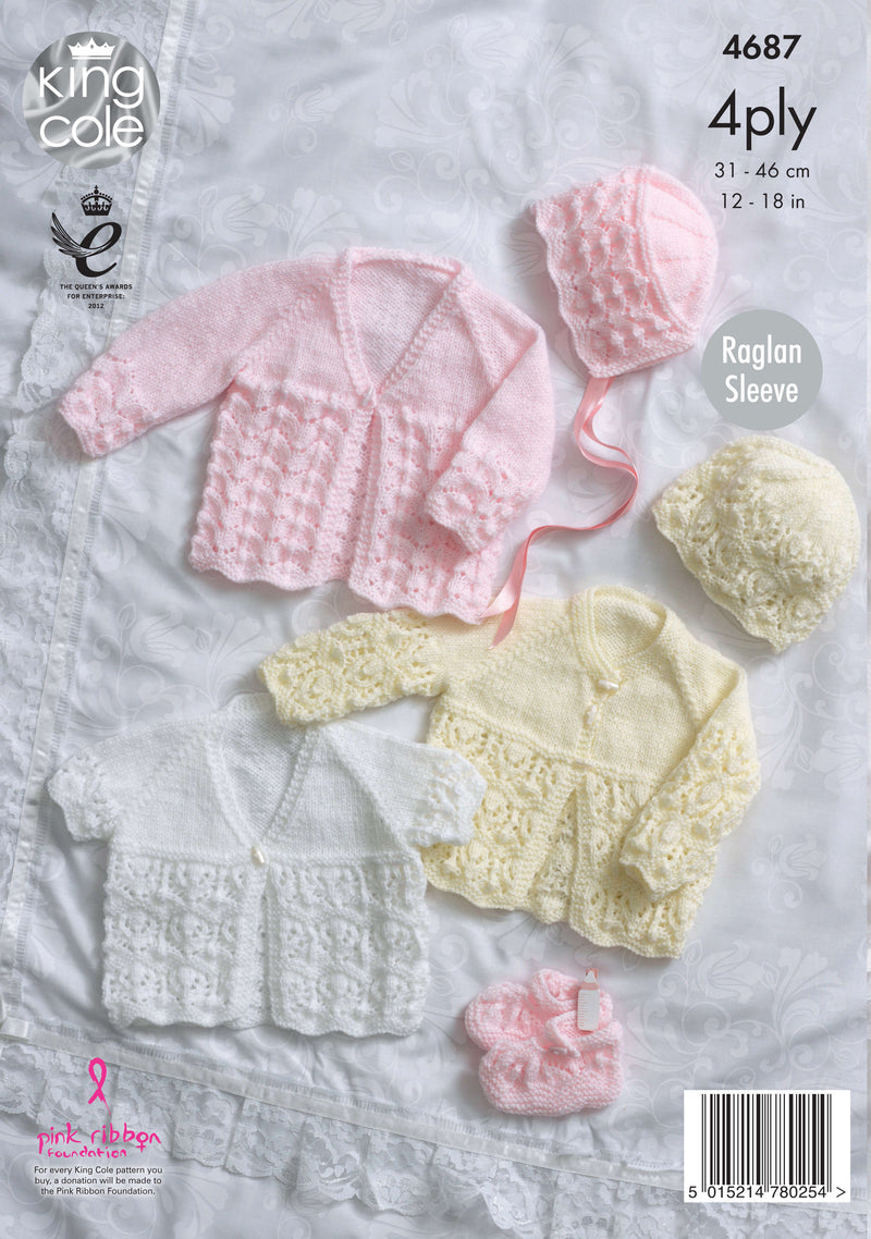 King Cole 4687 4Ply Knitting Pattern - Baby Matinee Coats, Bonnet, Hat & Bootees (Prem - 9mnths)